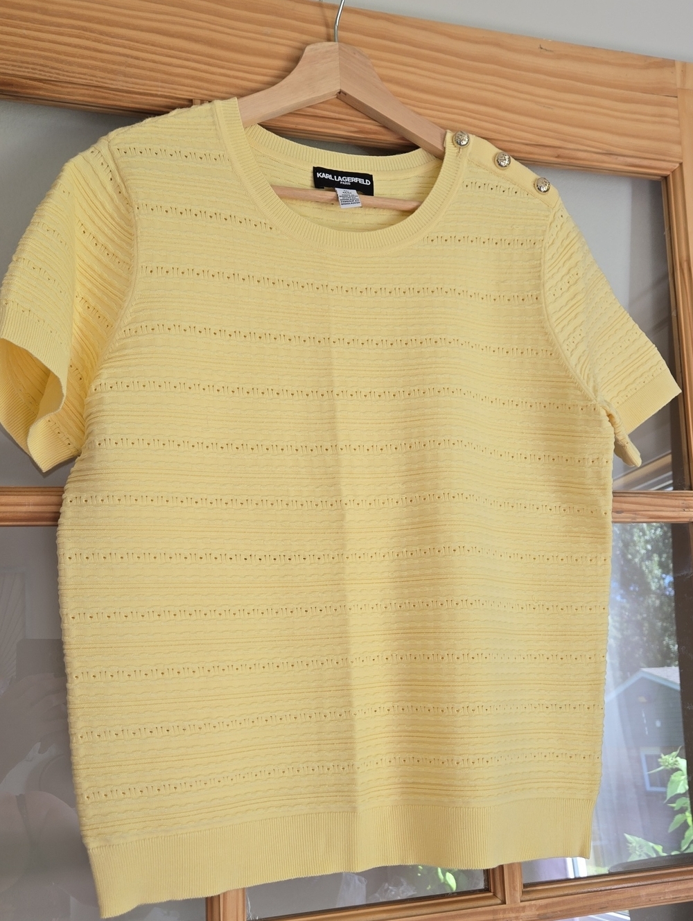 Karl Lagerfeld Butter Yellow Short-Sleeve Knit Top with Shoulder Buttons